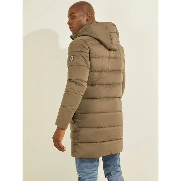 $298 Guess Men’s Alta Nylon Puffer Long Jacket With Hood In Light Brown Size XL